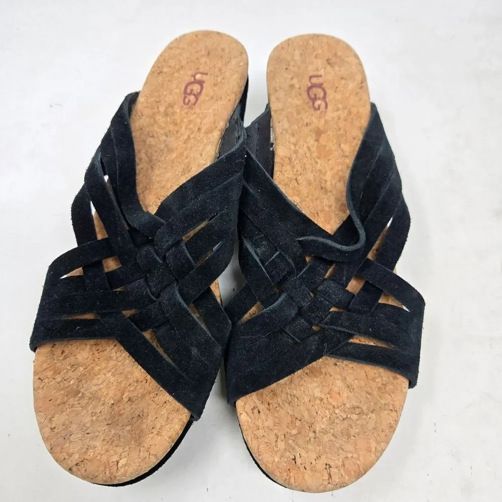 UGG Women's Lilah Black Weave‎ Cork Wedge Sandals Size 9